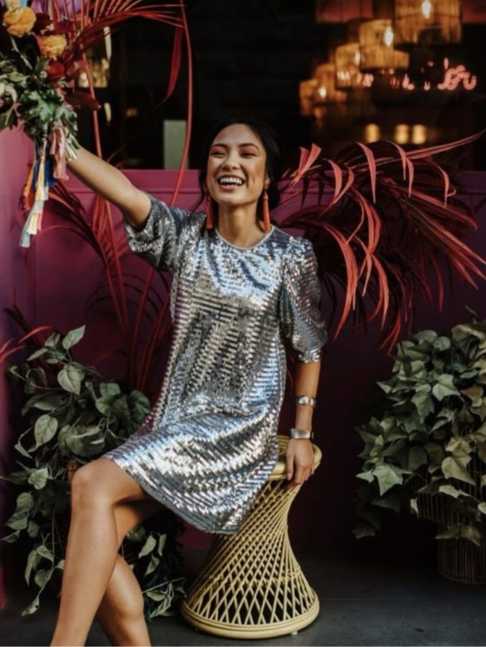 ZARA Silver Sequin Puff Sleeve Mini Dress